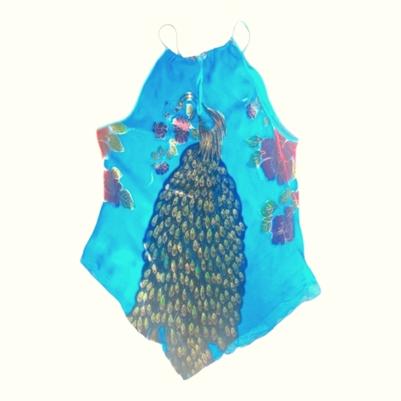 Lane Bryant Women's Floral Multicolor Peacock Beaded Gathered Neckline Top Sz 18 - Picture 3 of 6